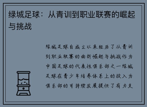 绿城足球：从青训到职业联赛的崛起与挑战
