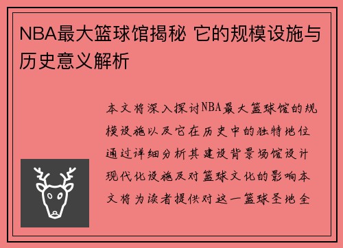 NBA最大篮球馆揭秘 它的规模设施与历史意义解析