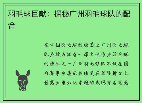 羽毛球巨献：探秘广州羽毛球队的配合