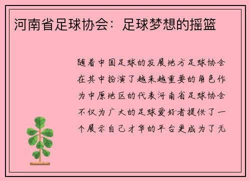河南省足球协会：足球梦想的摇篮