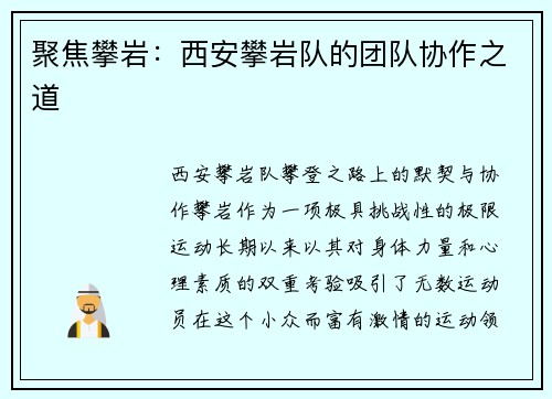 聚焦攀岩：西安攀岩队的团队协作之道