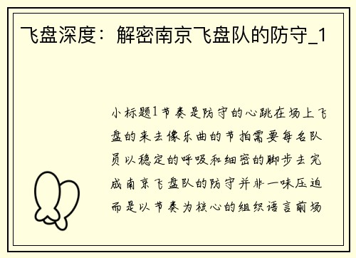 飞盘深度：解密南京飞盘队的防守_1