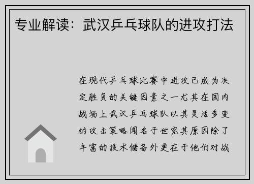 专业解读：武汉乒乓球队的进攻打法